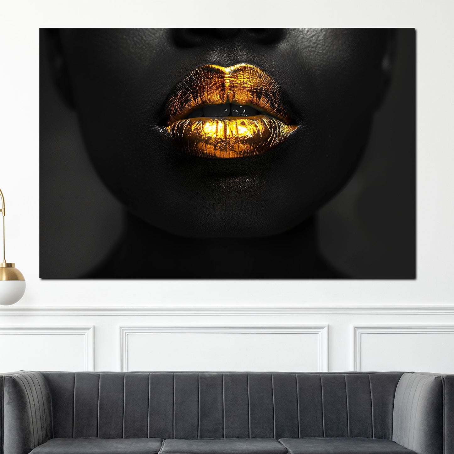 Wandbild Kunstwerk glänzende goldene Lippen sinnlich