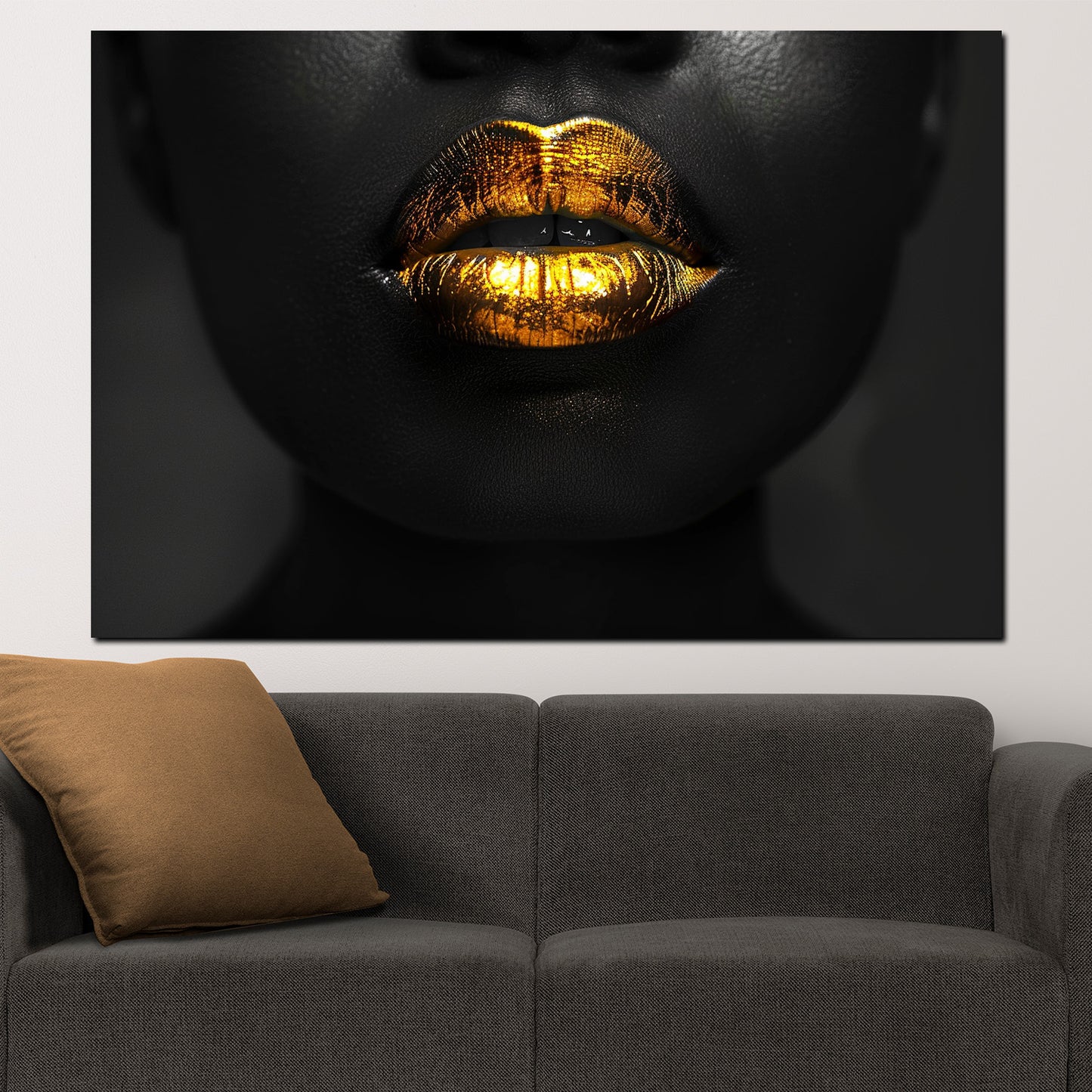 Wandbild Kunstwerk glänzende goldene Lippen sinnlich