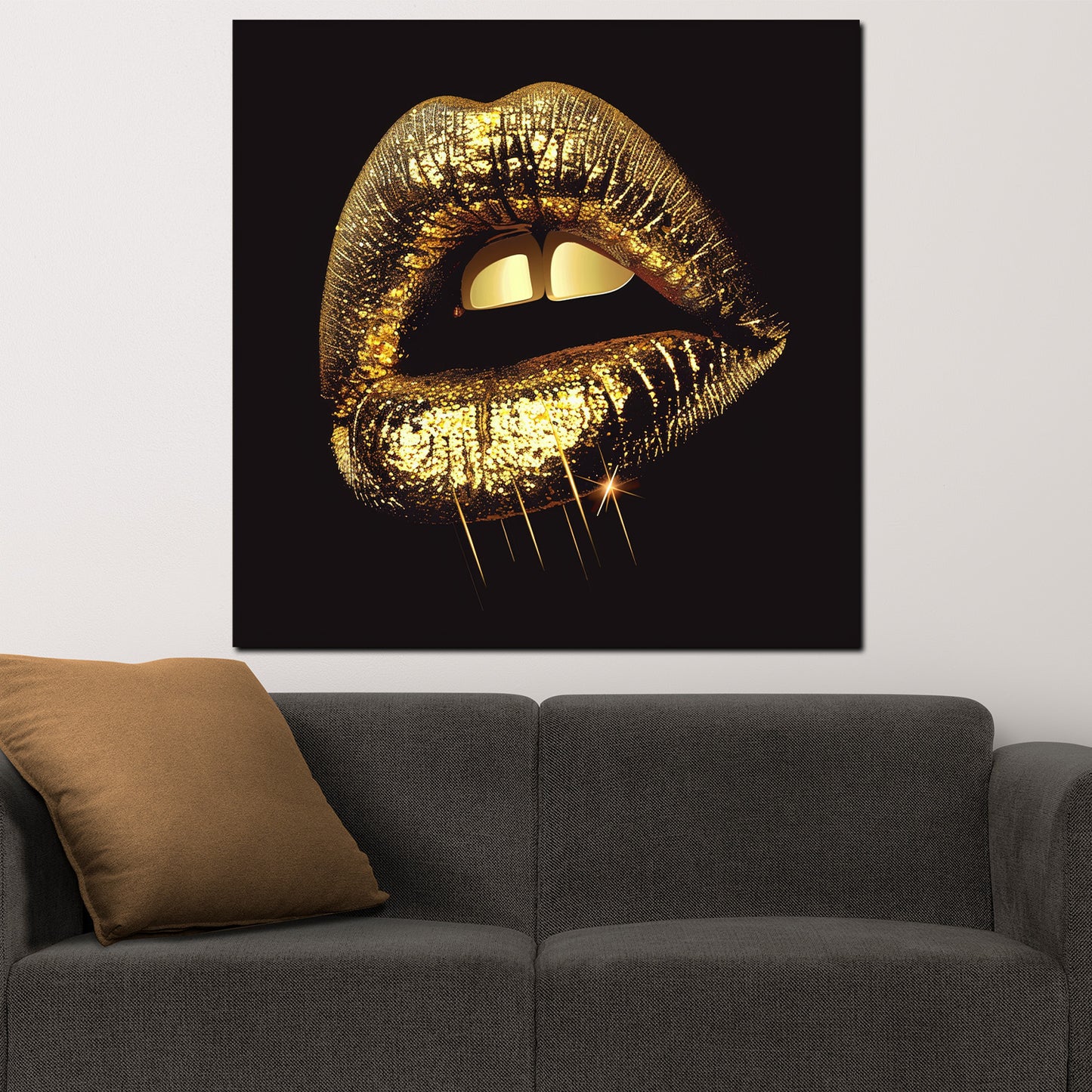 Wandbild Kunstwerk glänzende goldene Lippen