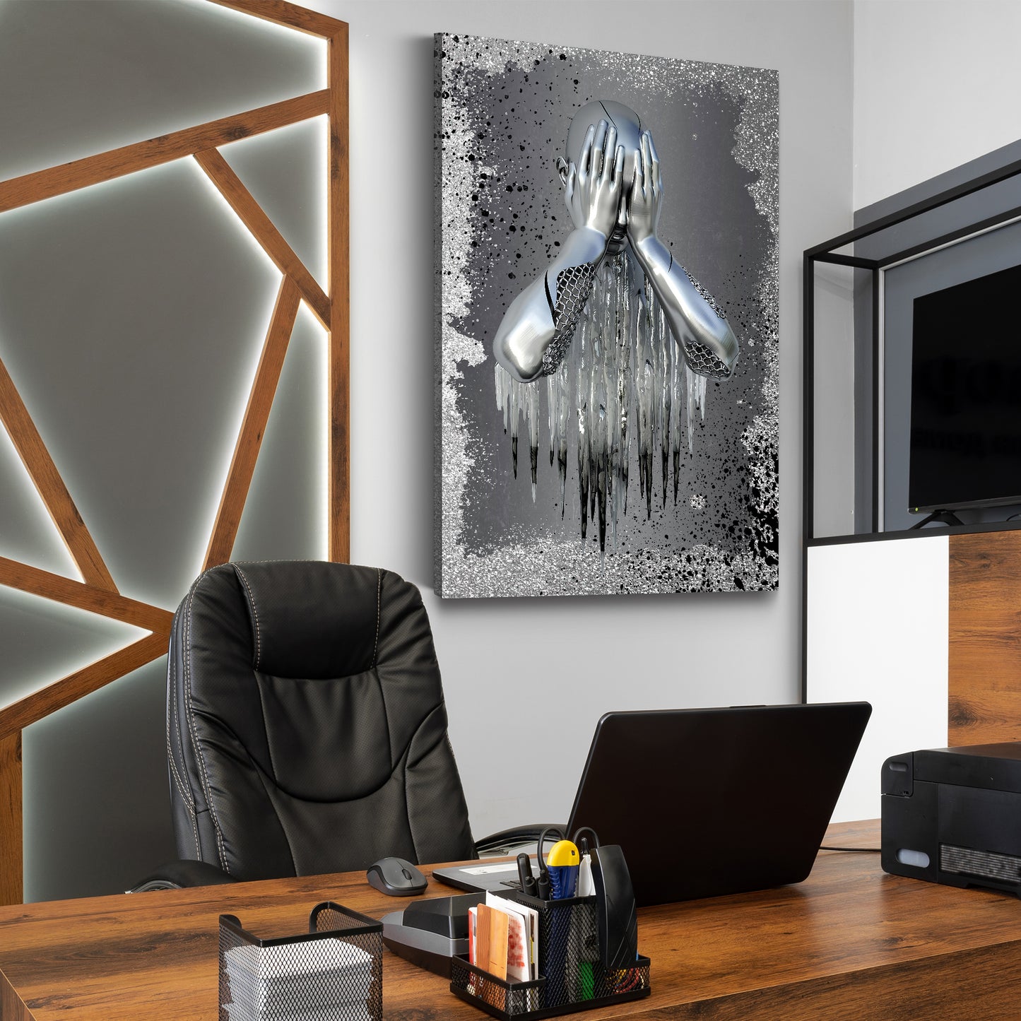 Wandbild Kunstwerk modern Metallfigur traurig Splash Metall Wandkunst Silver Style