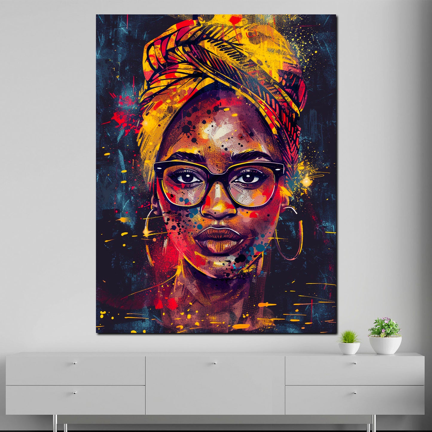 Wandbild Kunstwerk moderne afrikanische Frau mit leuchtendem Kopftuch Pop Art