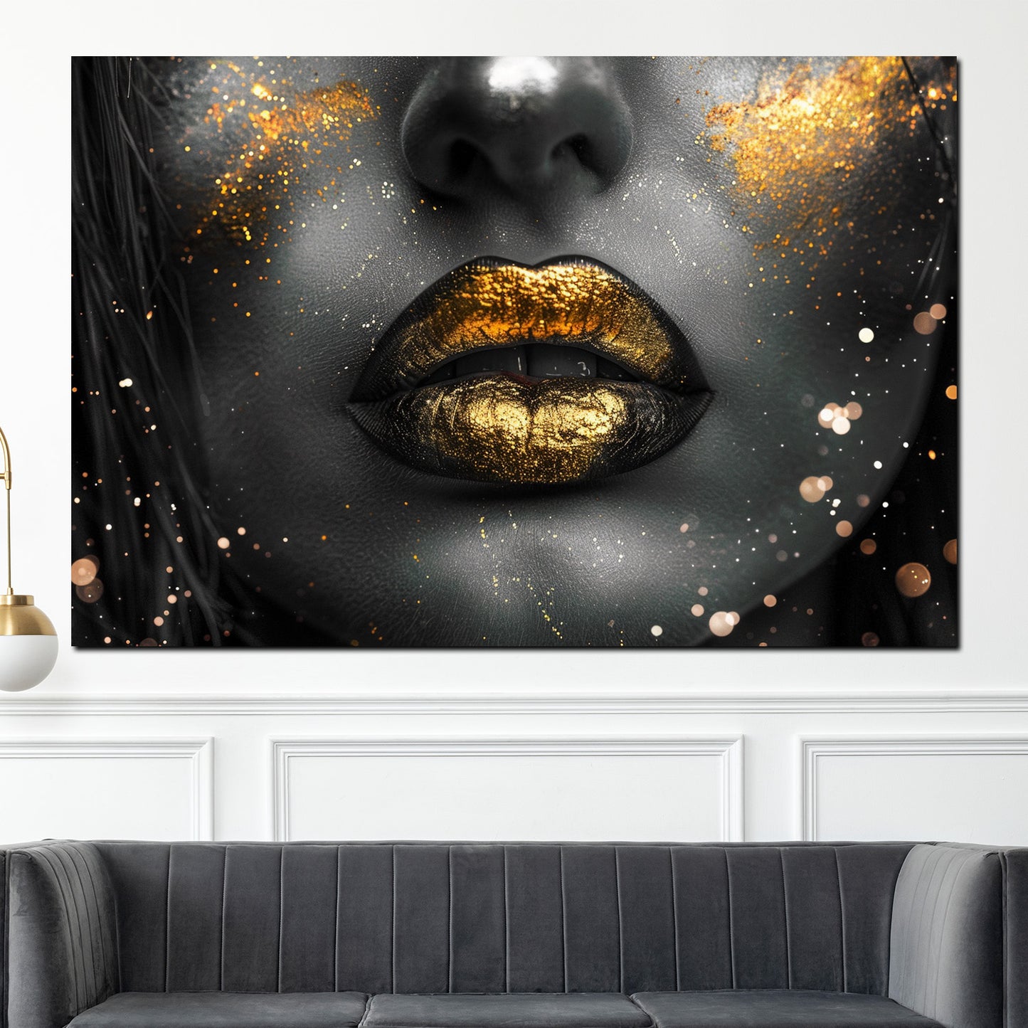 Wandbild Kunstwerk schöne Lippen mit goldenen Akzenten