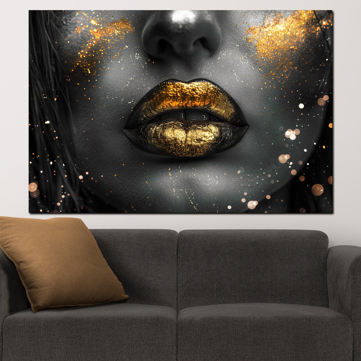 Wandbild Kunstwerk schöne Lippen mit goldenen Akzenten