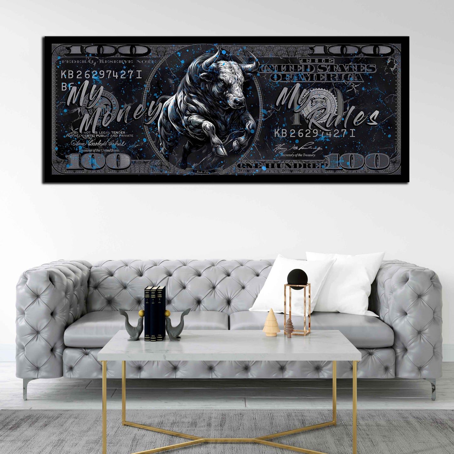 Wandbild Kunstwerk Silber Bull auf Dollar Schein Street Art Pop Art Design