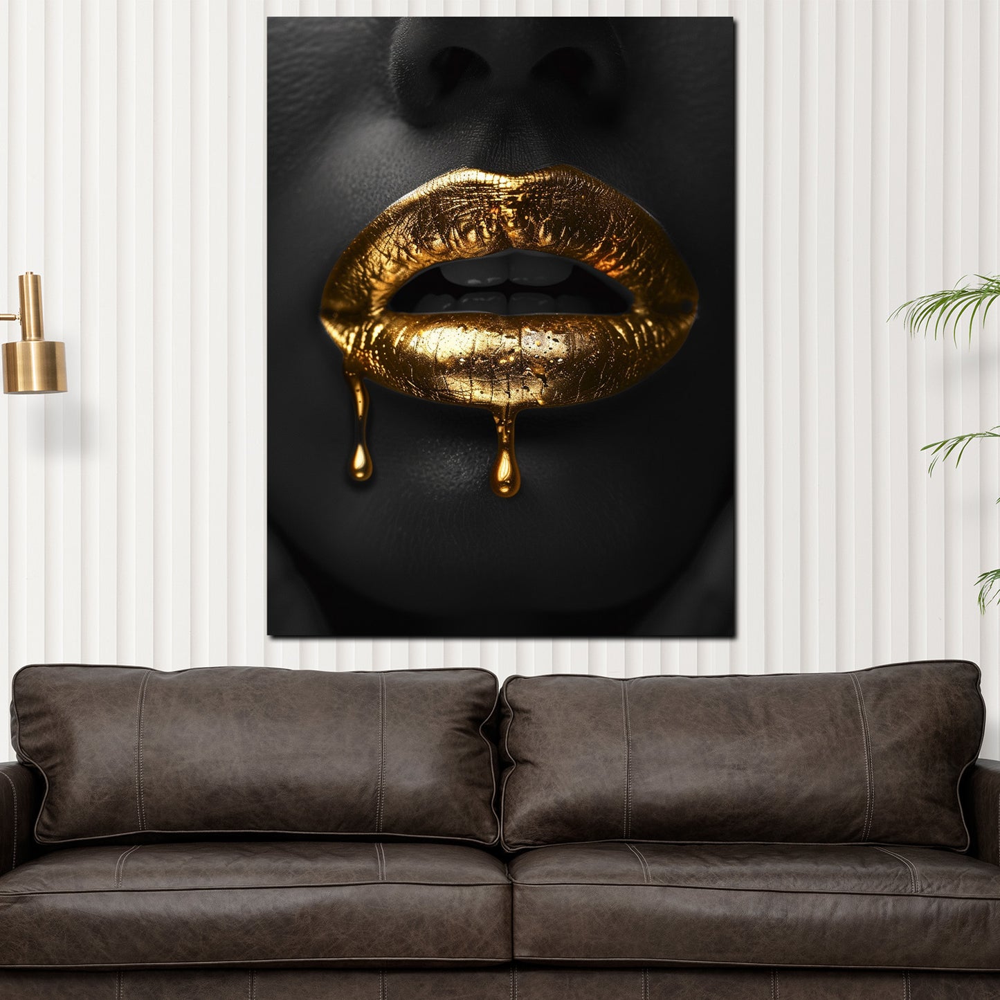 Wandbild Kunstwerk sinnliche Lippen mit Gold