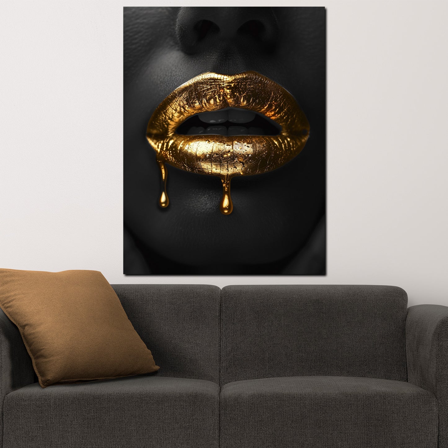 Wandbild Kunstwerk sinnliche Lippen mit Gold