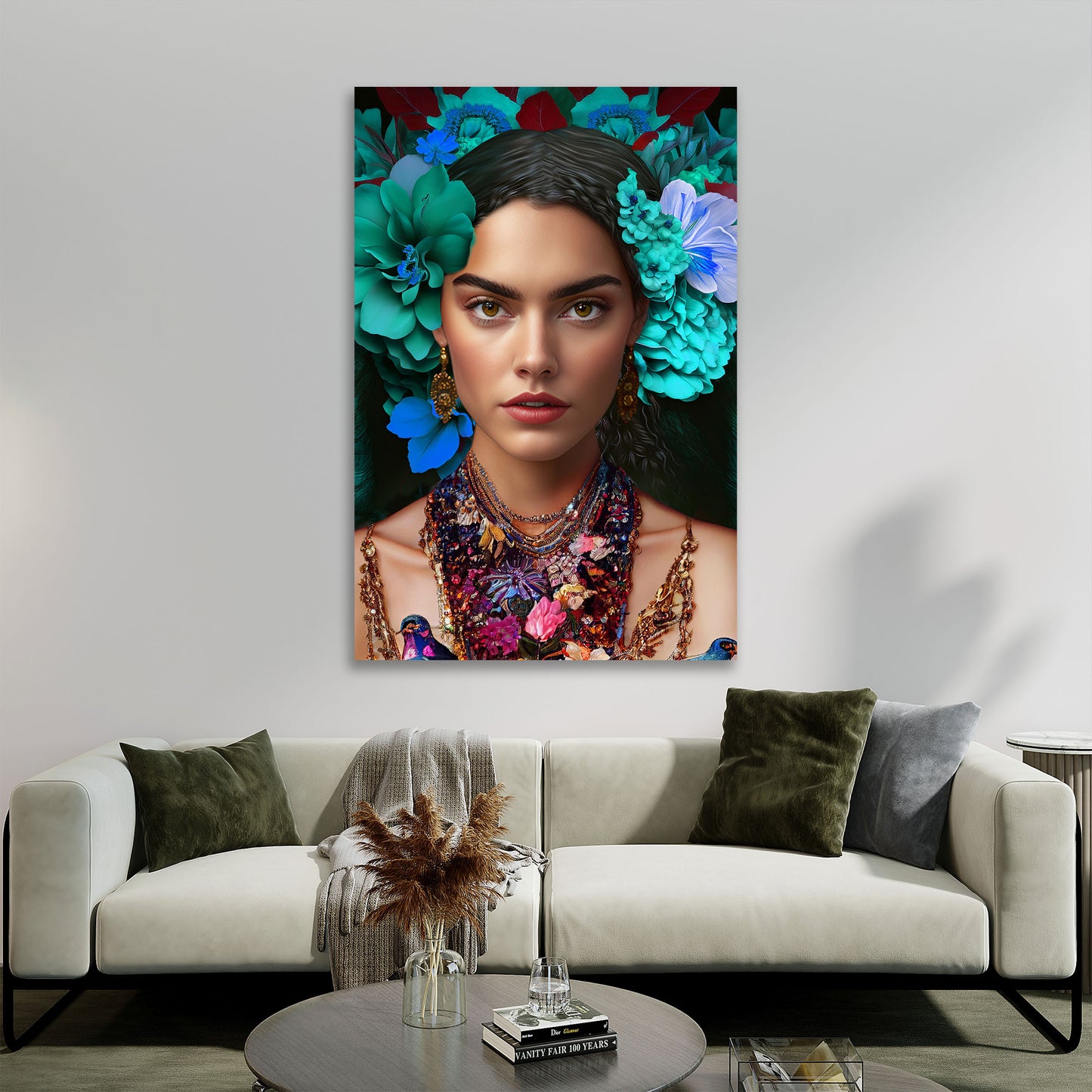 Wandbild Kunstwerk wunderschöne Frau mit Blumen und Schmuck