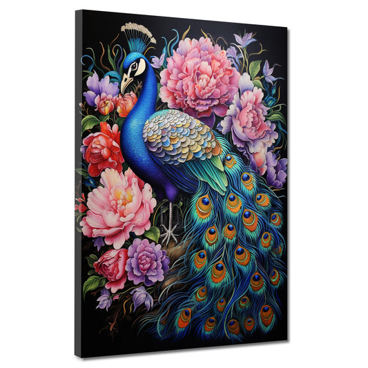 Wandbild Kunstwerk wunderschöner Pfau mit Blumen