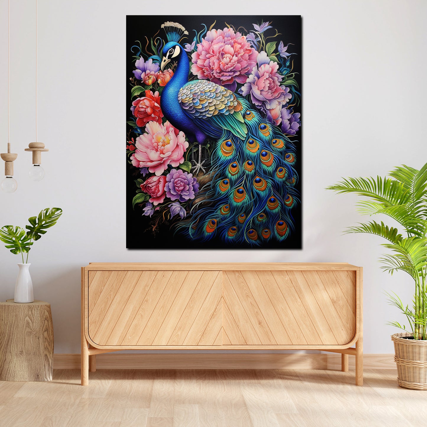 Wandbild Kunstwerk wunderschöner Pfau mit Blumen