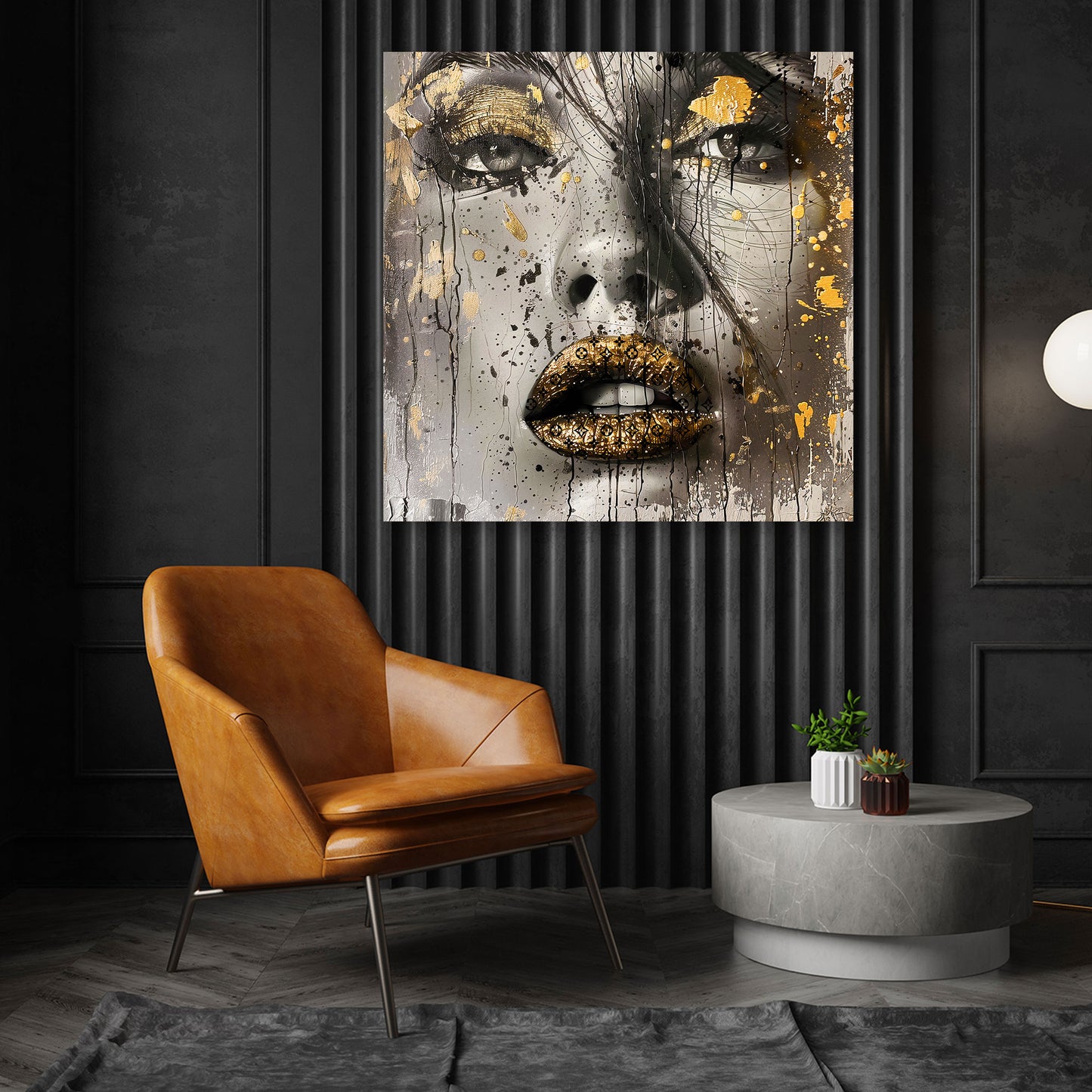 Wandbild Kunstwerk Glamour Portrait mit Goldoptik Lippen