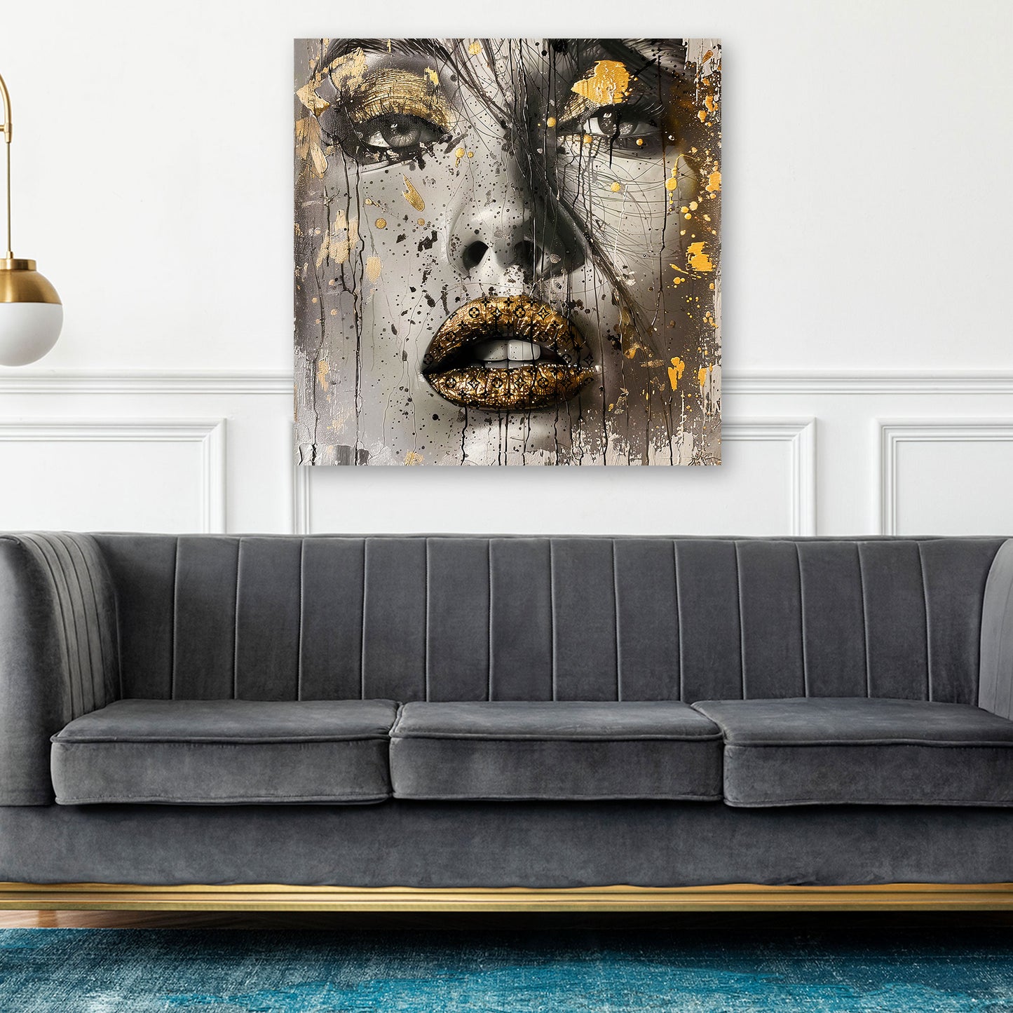 Wandbild Kunstwerk Glamour Portrait mit Goldoptik Lippen