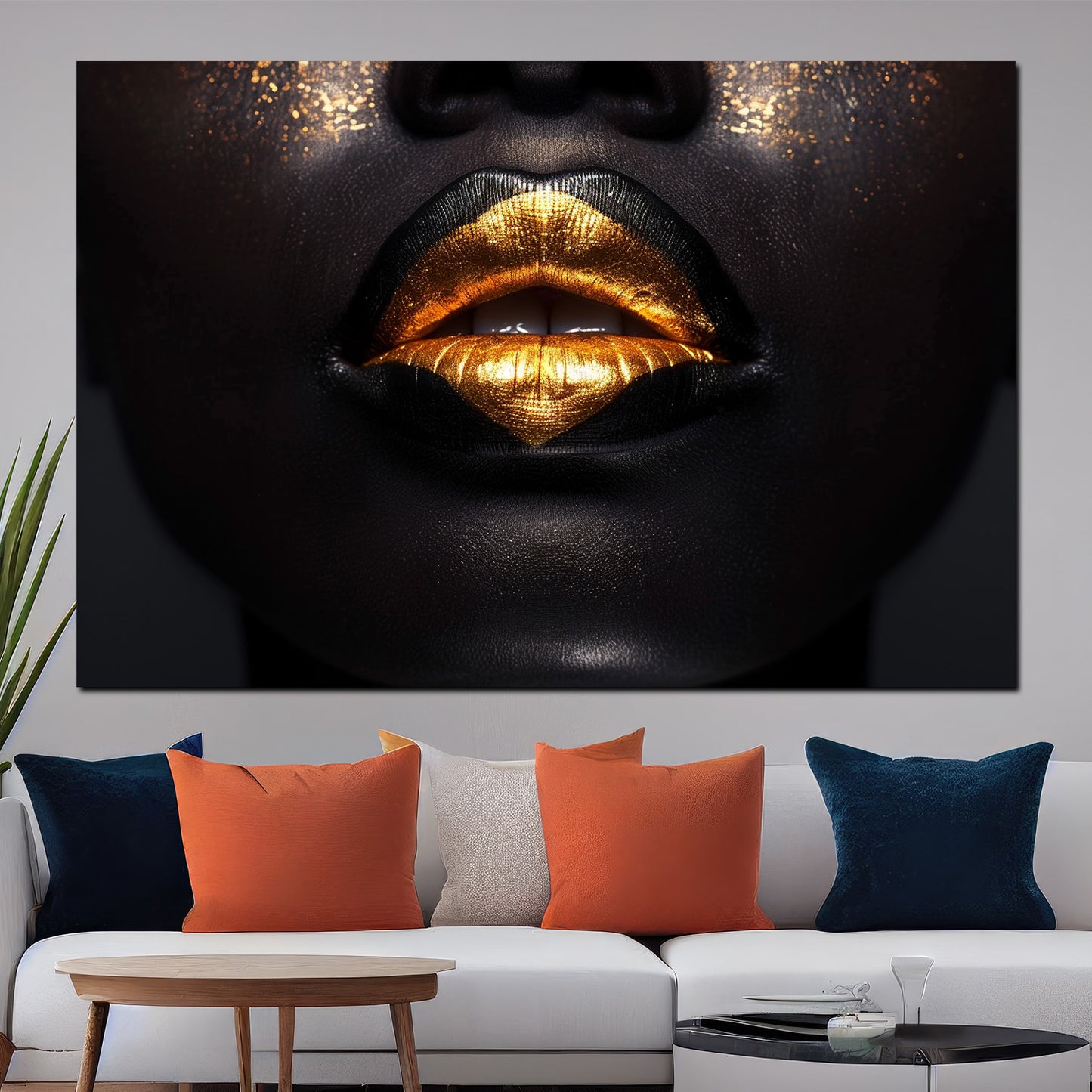 Wandbild Kunstwerk Black Women verführerische Lippen in Gold