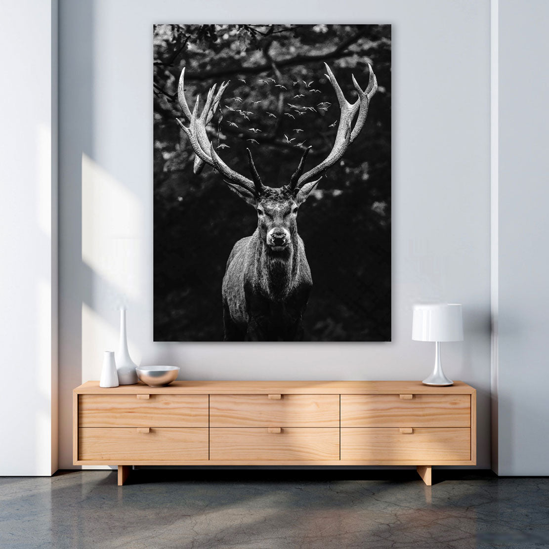 Wandbild Kunstwerk Hirsch Deep Forest schwarz weiß Abstrakt , Tiere