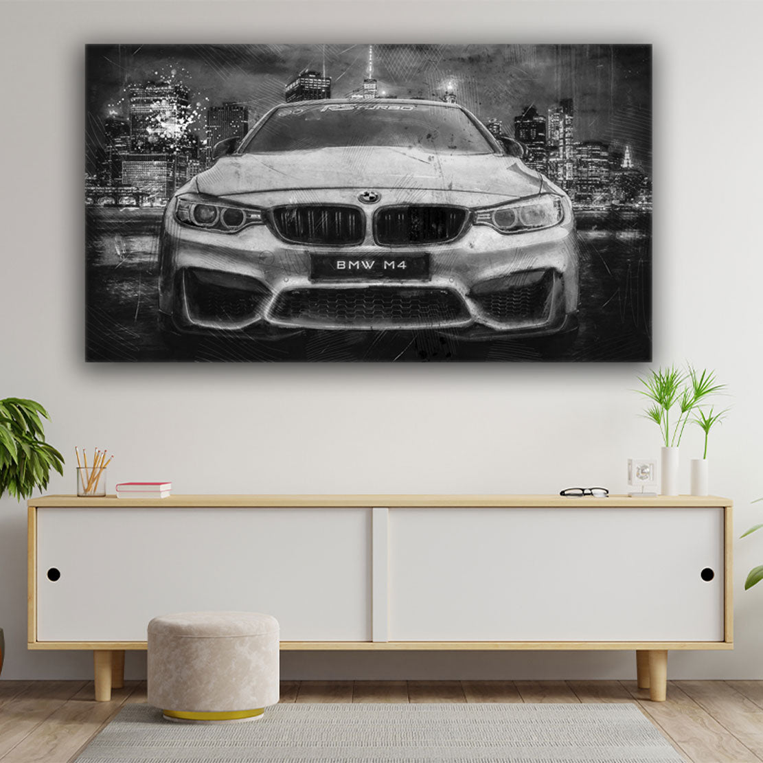 Wandbild Kunstwerk Sportwagen Abstract schwarz weiß