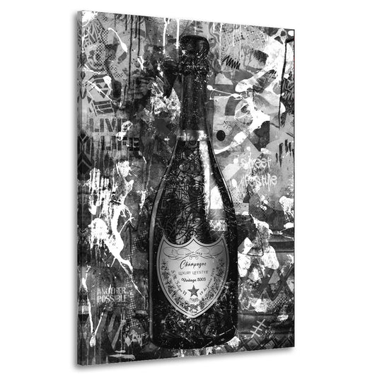 Wandbild Kunstwerk Champagner Lifestyle Street Art Flasche, schwarz & weiß