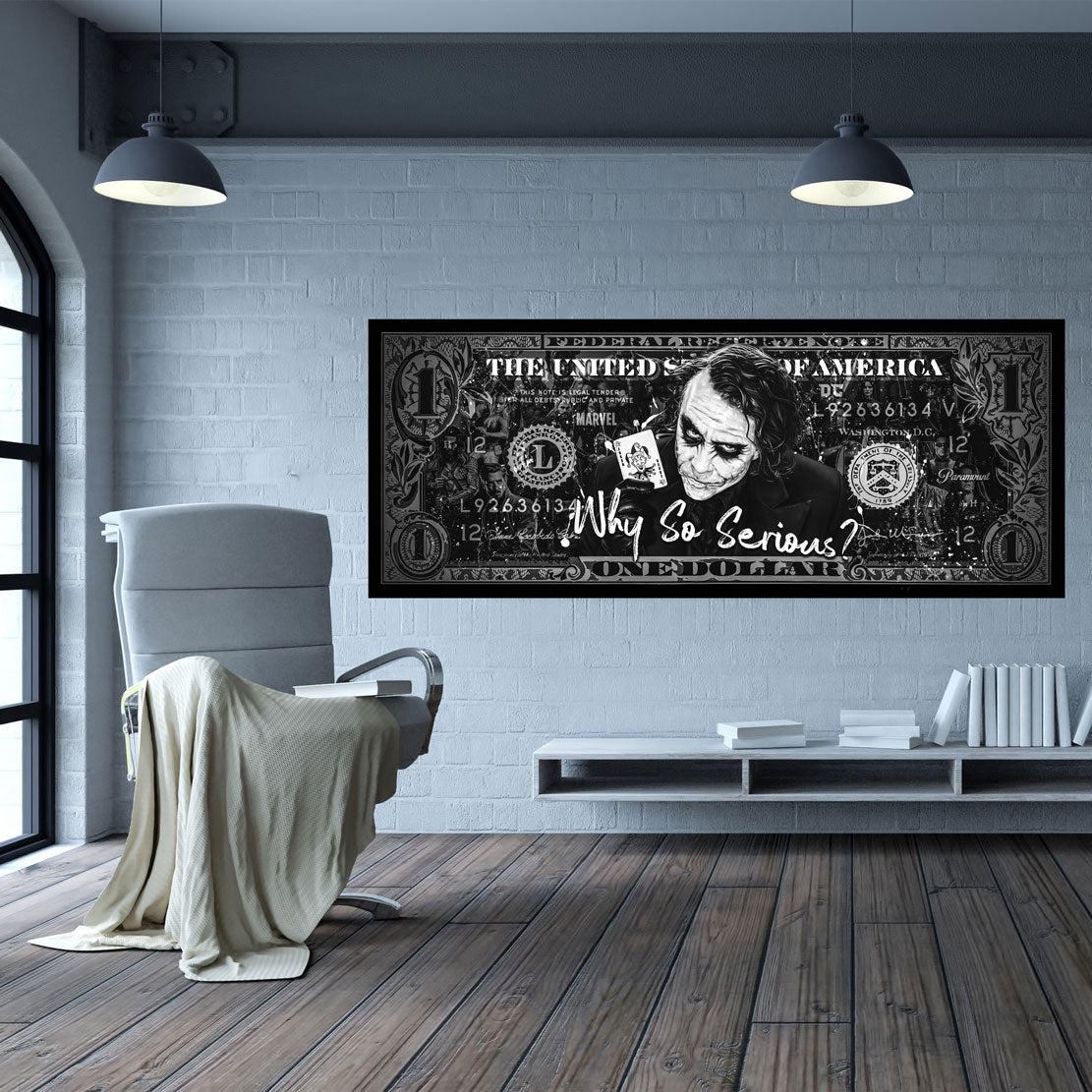 Wandbild Kunstwerk Dollar Joker Film Pop Art, schwarz weiß, Comic