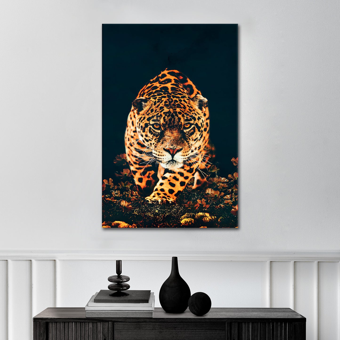 Wandbild Kunstwerk Leopard auf Jagd Black Style