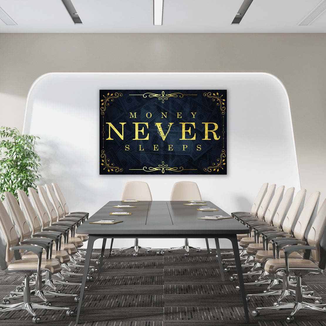 Wandbild Kunstwerk Money Never Sleeps Gold Blue Style, Motivation