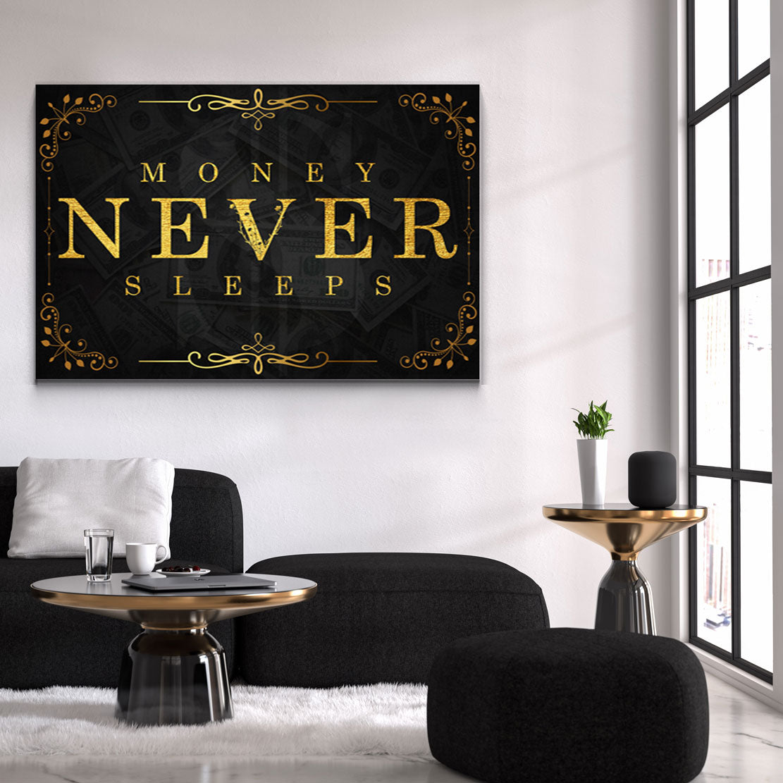 Wandbild Kunstwerk Money Never Sleeps Gold Style, Motivation