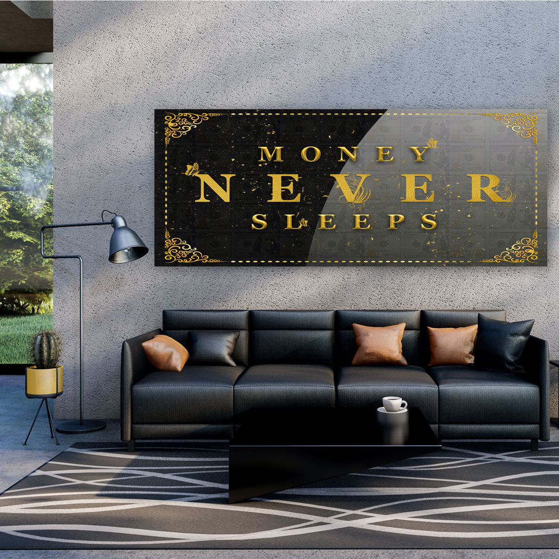 Wandbild Kunstwerk Money Never Sleeps Geld & Erfolg Motivation