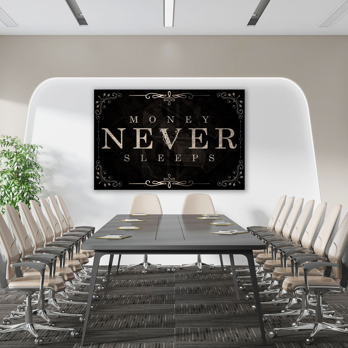 Wandbild Kunstwerk Money Never Sleeps Silver Black Style, Motivation