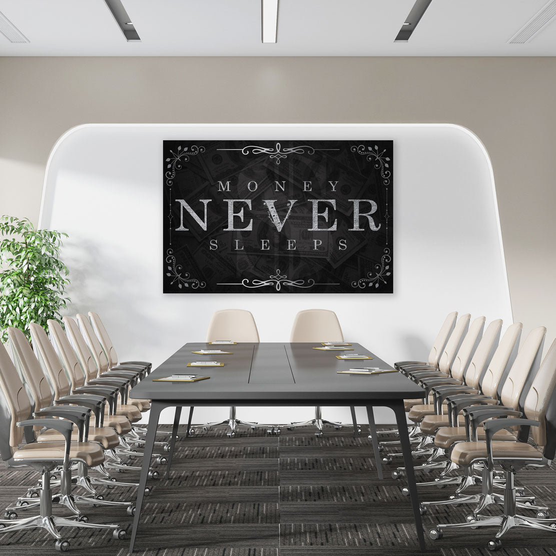 Wandbild Kunstwerk Money Never Sleeps Silver Style Motivation