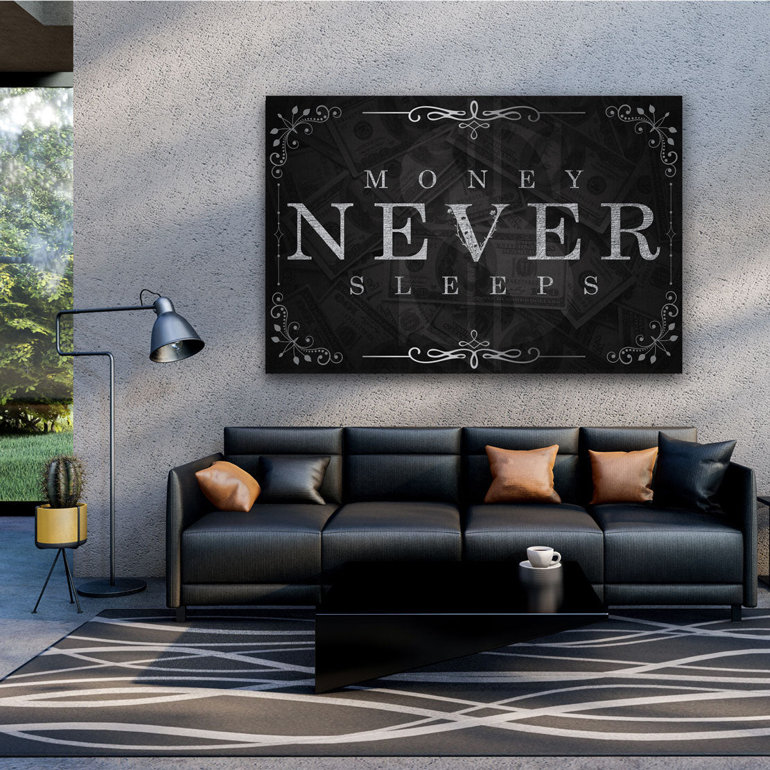 Wandbild Kunstwerk Money Never Sleeps Silver Style Motivation