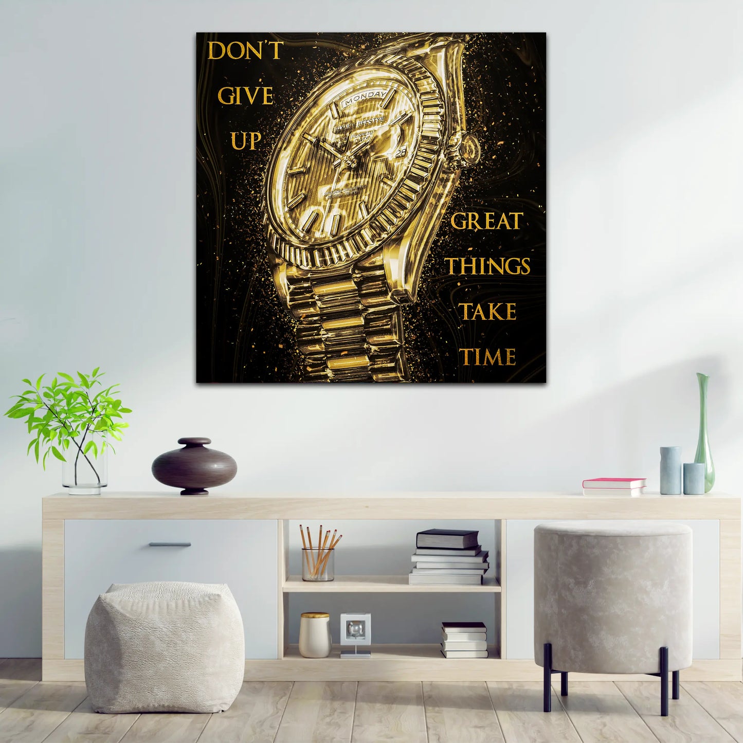 Wandbild Kunstwerk Motivation Uhr Gold Style