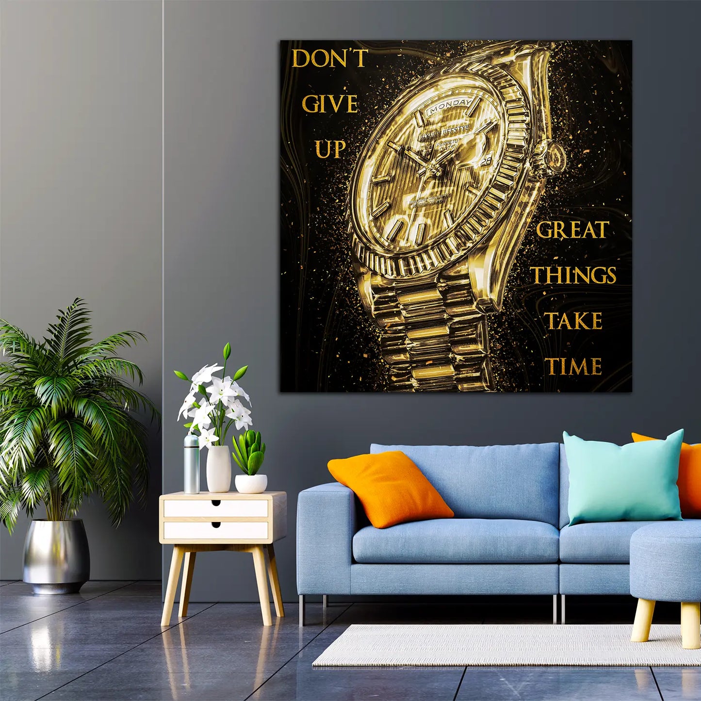 Wandbild Kunstwerk Motivation Uhr Gold Style