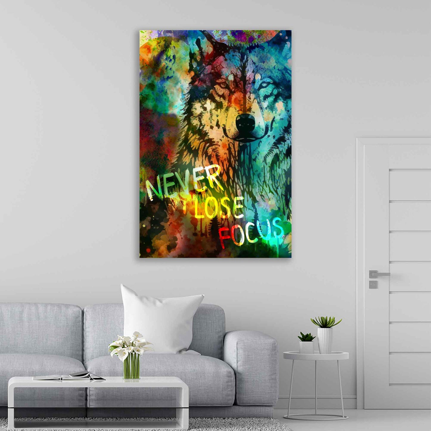 Wandbild Kunstwerk Motivation Wolf Never Loose Fokus