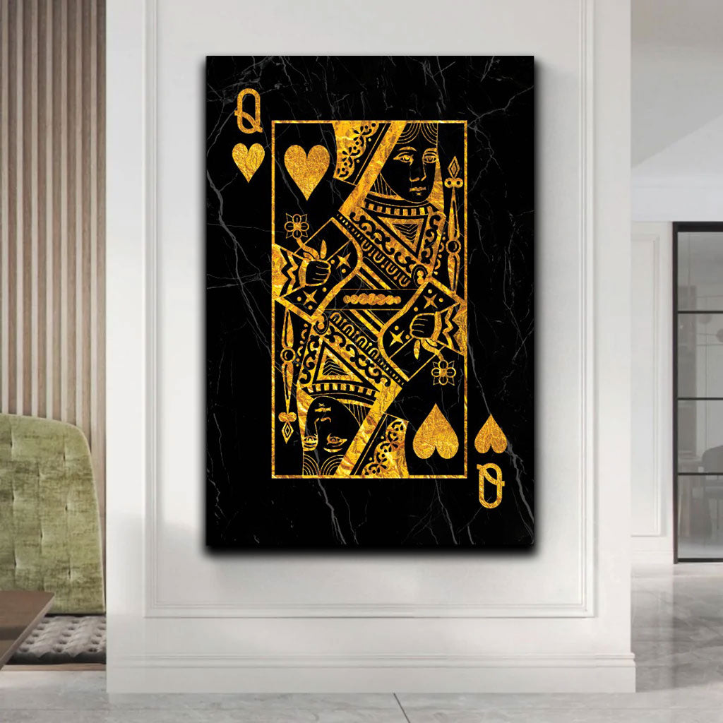 Wandbild Kunstwerk Poker Spielkarte Dame Gold Edition, Pop Art