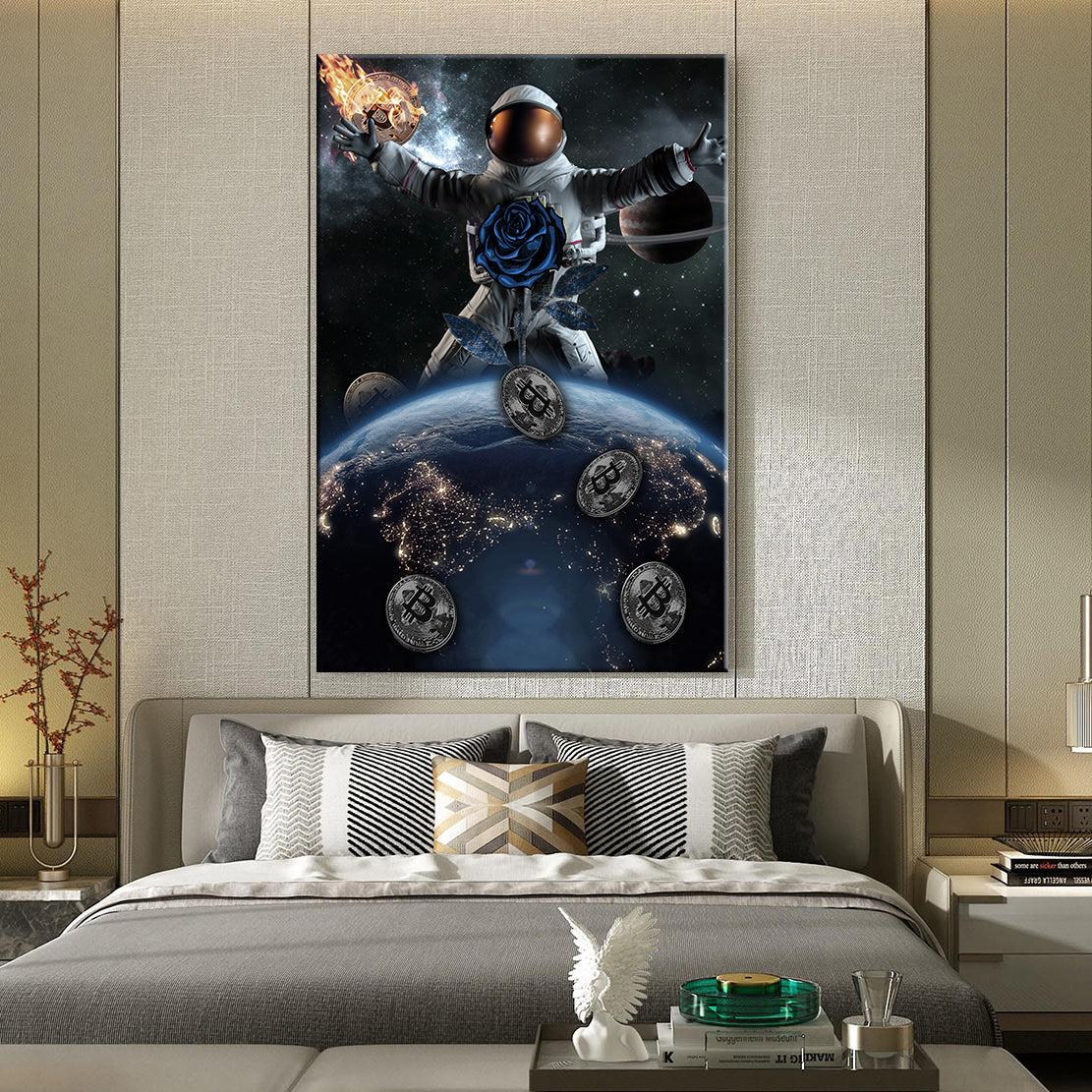 Wandbild Kunstwerk Spaceman Bitcoin No Limits, Weltall & Bitcoin