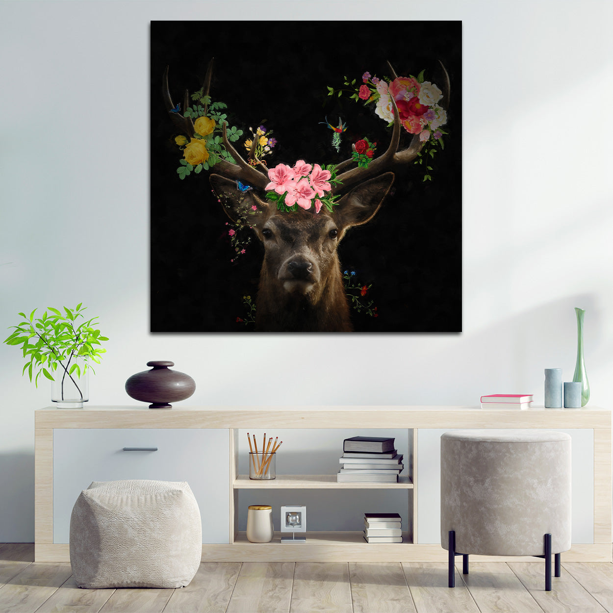 Wandbild Kunstwerk Hirsch Flower Style Abstrakt