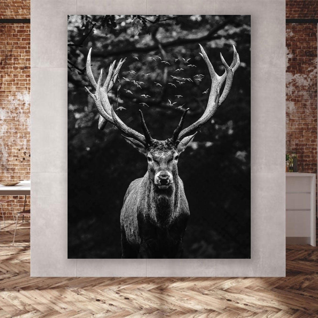 Wandbild Kunstwerk Hirsch Deep Forest schwarz weiß Abstrakt , Tiere