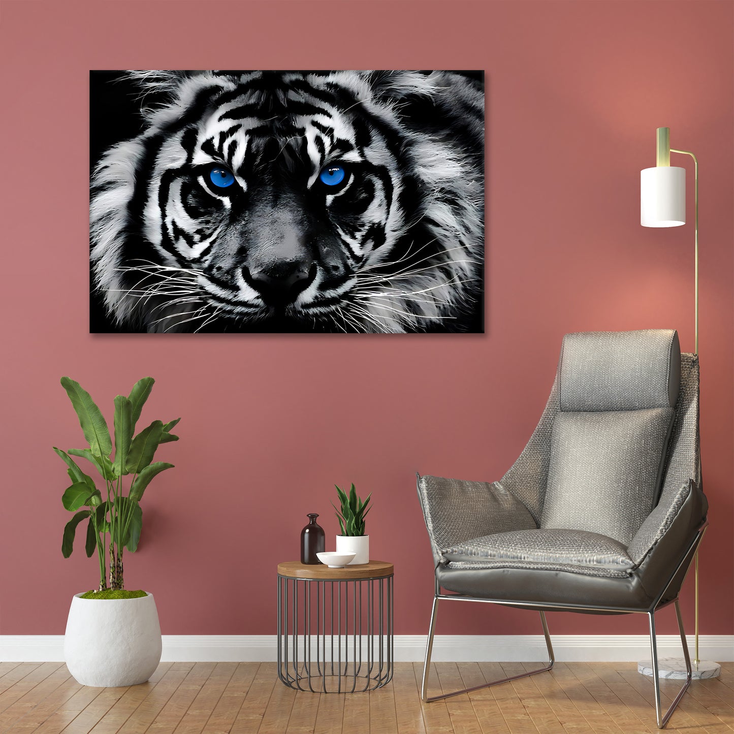 Wandbild Kunstwerk Tiger Blue Eyes schwarz weiß